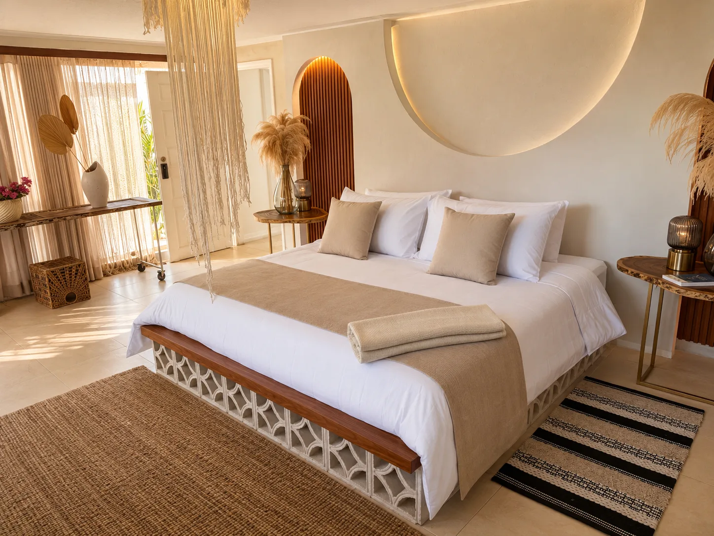 Habitación mediterránea con cama blanca, arcos y plumas de pampa